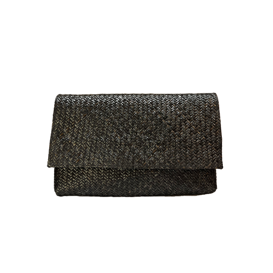 Black woven clutch bag on a white background