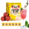 Lychee Popping Boba packaging with a cup filled with clear boba pearls on a white background