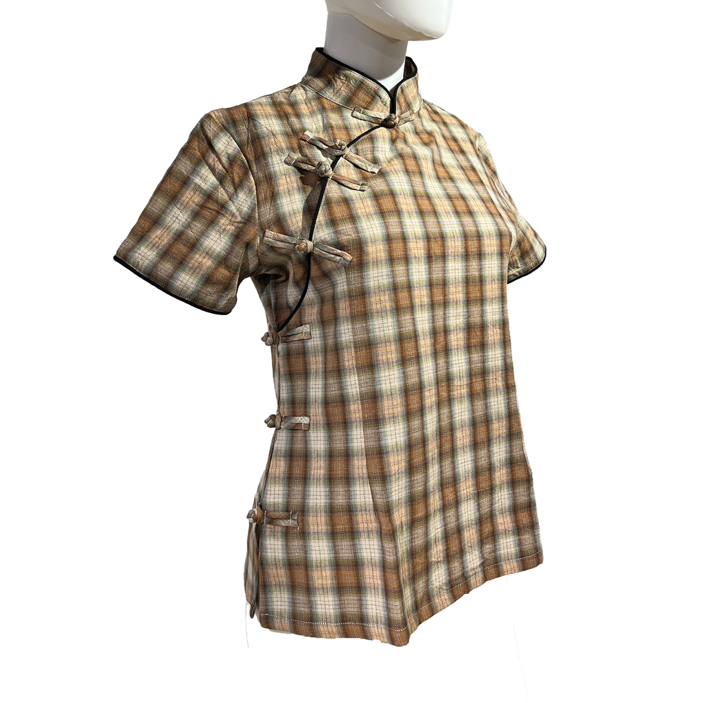 Checkered Qipao Top with Short Sleeves - Tan