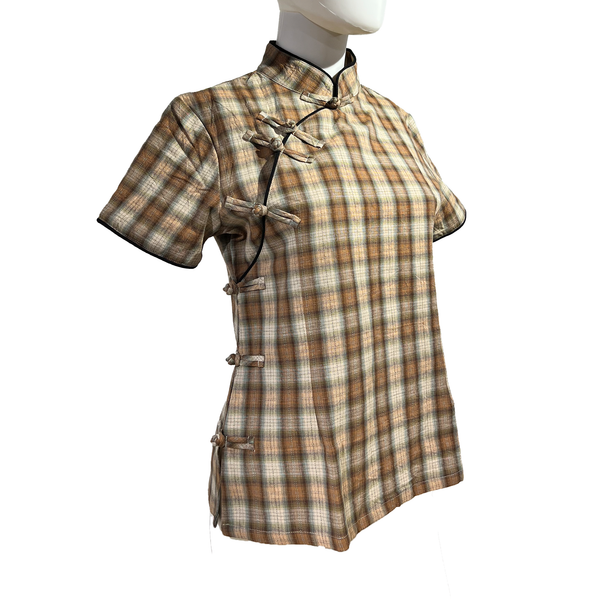 Checkered Qipao Top with Short Sleeves