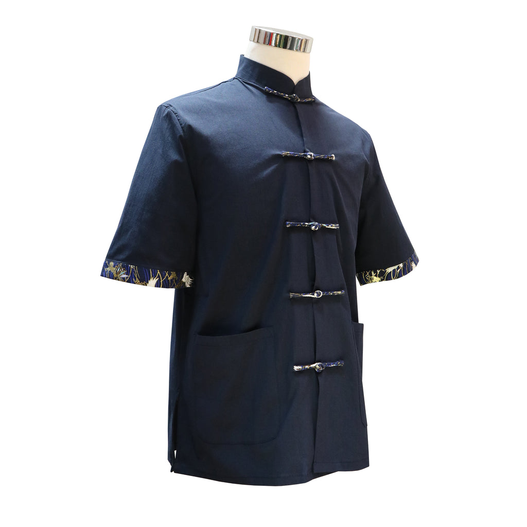 Short Sleeve Tang Shirt with Pankou Buttons - Navy