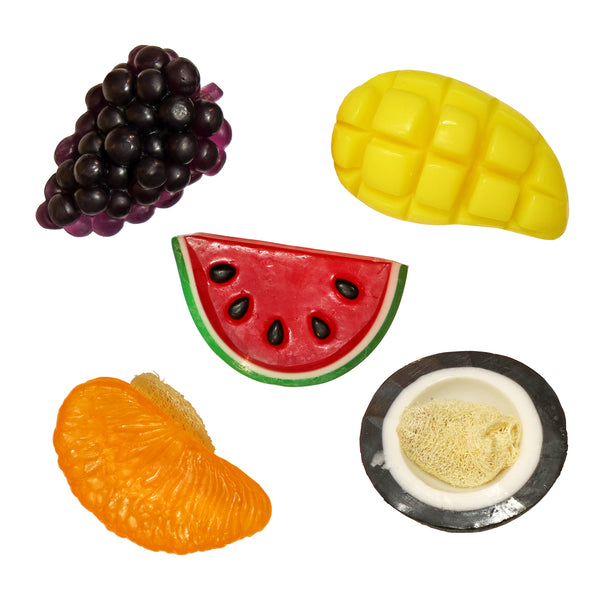 Soap shaped like grapes, mango, watermelon, orange, coconut