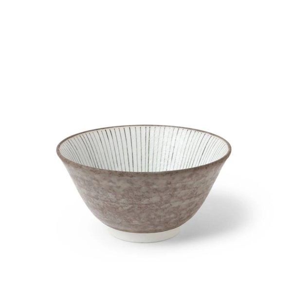 Brown ceramic bowl with white interior on a white background