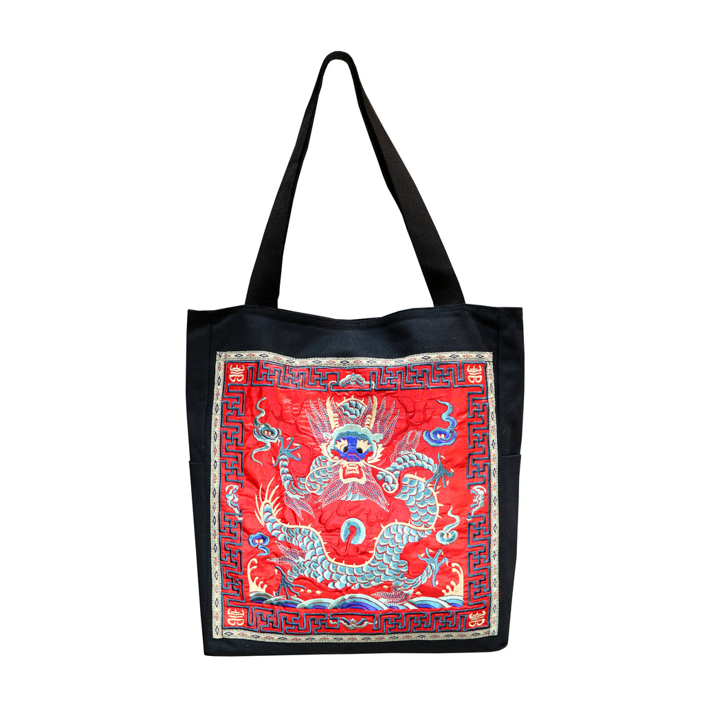 Embroidered Blue Dragon Canvas Tote Bag - Red