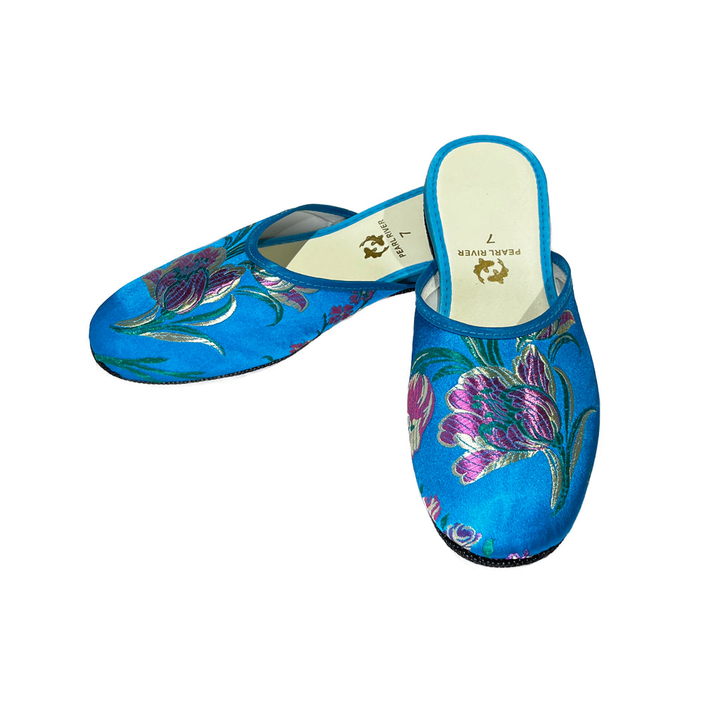Brocade Slippers with Tulip Design - Turquoise