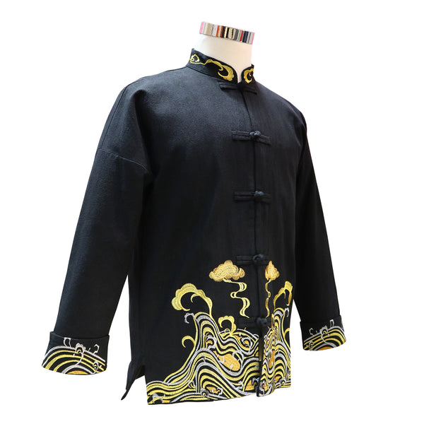 Tang Jacket with Gold Wave and Cloud Pattern - Black