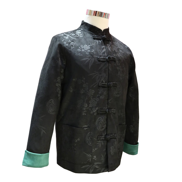 Mens Tang Jacket with Floral Design - Black with Blue Cuffs