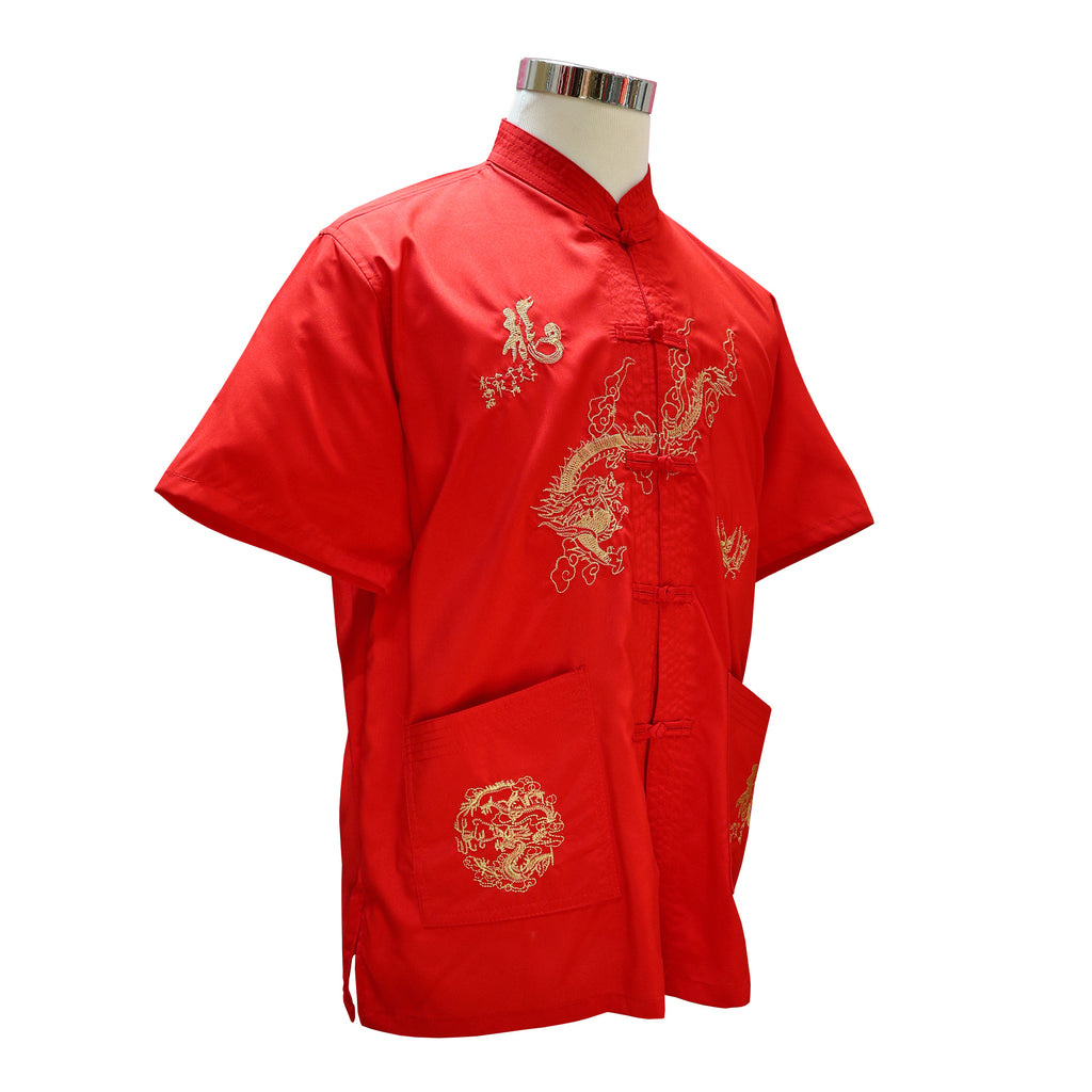 Short Sleeve Tang Shirt with Gold Dragon - Red