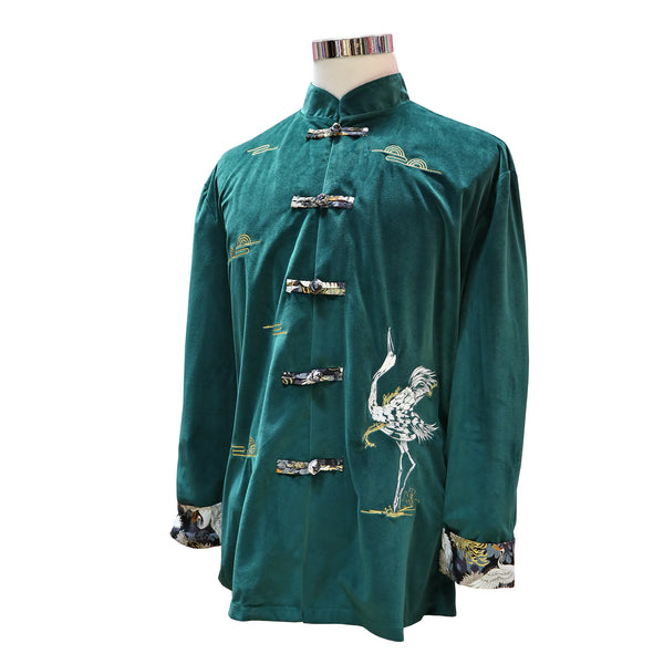 Embroidered Velvet Tang Jacket with Crane - Green