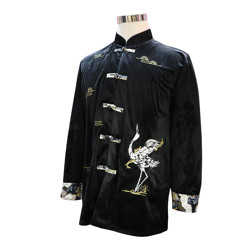Embroidered Velvet Tang Jacket with Crane - Black