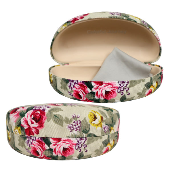 Floral Brocade Sunglass Case open and closed with complimentary cleaning cloth