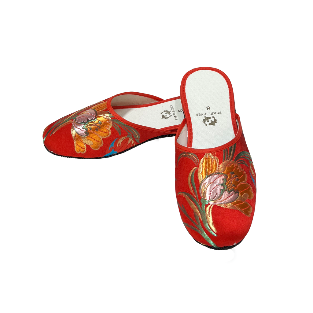 Brocade Slippers with Tulip Design - Red