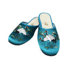 Pretty turquoise satin slippers with elegant crane embroidery