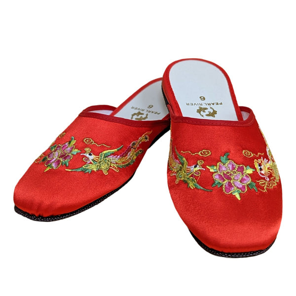 Satin Slippers w. Dragon & Phoenix Embroidery - Red