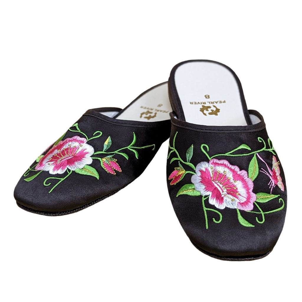 Butterfly Peony Embroidery Satin Slippers