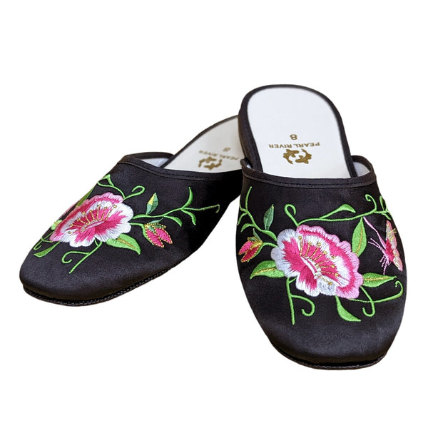 Black Satin slipper with embroidered butterfly with peony print