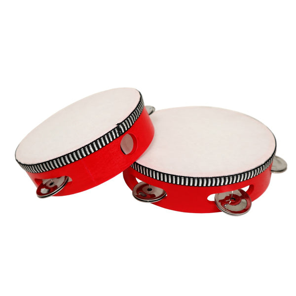 Red-painted wood framed Chinese tambourine topped with leather. Tambourine on the left has a 5.75"D and tambourine on the right has a 7" D.