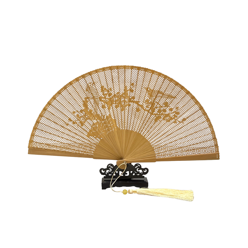 Deluxe Natural Wood Fan with Bird Design and Sleeve
