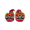 Pair of red tiger-shaped slippers with colorful faces on a white background