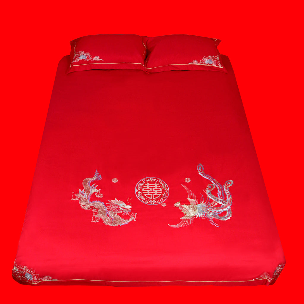 Embroidered Dragon and Phoenix Bedding Set (4 pieces)