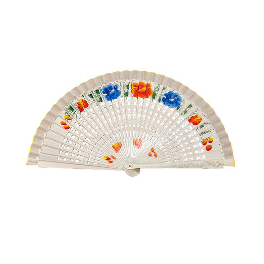 Handheld fan with floral designs on a white background