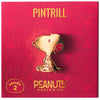 Gold Snoopy pin on a red background with 'Pintrill' and 'Peanuts Worldwide' branding.