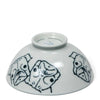 White ceramic bowl upside down with abstract black line drawings of dog faces around the surface. The design gives a playful, artistic feel.