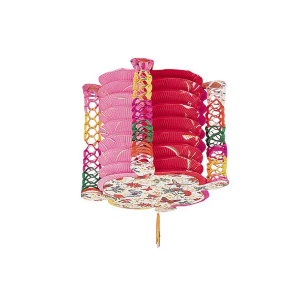 multicolored columns surrounding red and pink accordion styled lantern