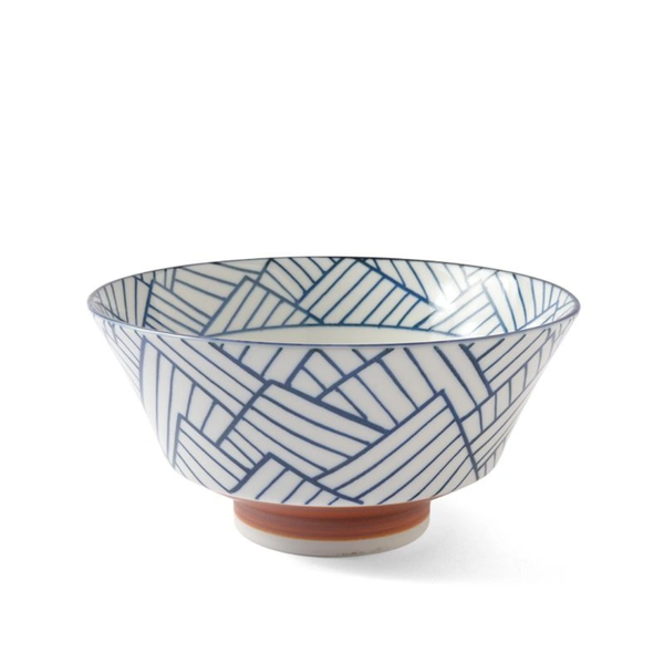 Ceramic bowl with blue geometric pattern on a white background