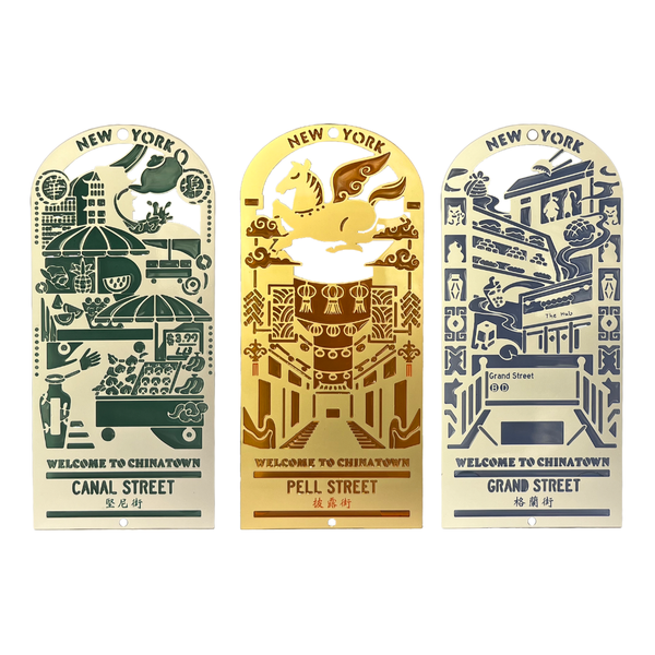 Three decorative bookmarks for Chinatown streets in New York with illustrations and text.