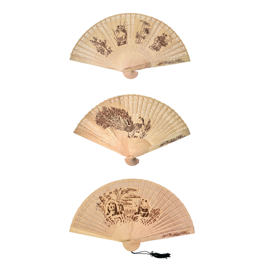 3 Bamboo fans with engraved designs on a white background