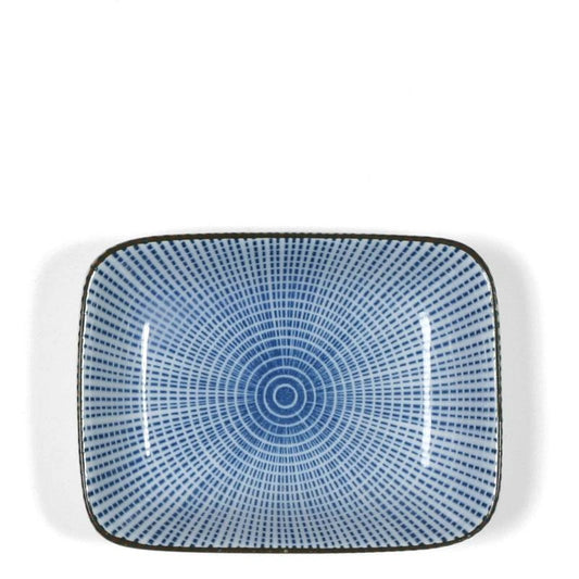 A rectangular ceramic serving platter with rounded corners, featuring a blue and white radial dotted pattern inside and a dark rim, shown on a white background.