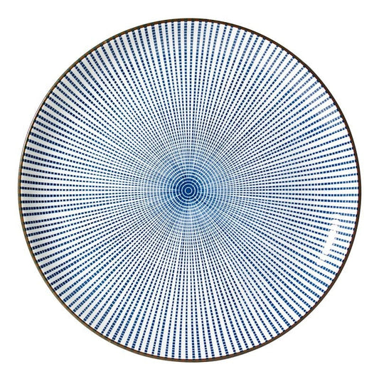 A round ceramic plate featuring a blue and white radial dotted pattern with a dark brown rim, shown against a plain white background.