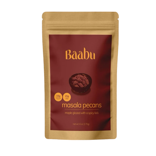 Baabu masala pecans packaging on a white background