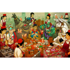 Illustration of a lively restaurant scene with people and animals around a table filled with food.