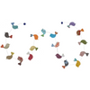 Colorful bird-shaped mobile hanging against a white background