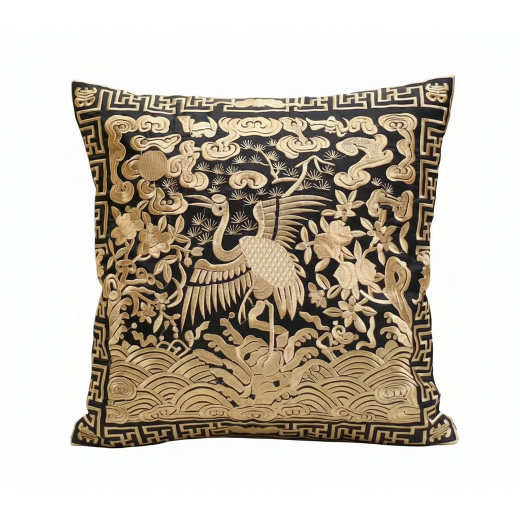 Deluxe Embroidered Cushion Cover with Crane Design (Various Colors)
