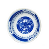 Blue and white ceramic dish with intricate patterns on a white background
