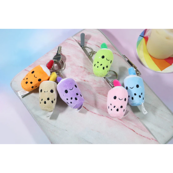 Boba Plush Keychain in orange, purple, pink, green and brown