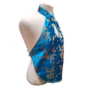 Aquamarine embroidered halter top on a mannequin against a white background