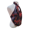 Black embroidered halter top on a mannequin against a white background