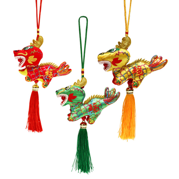 Brocade Dragon Ornaments in red green and yellow