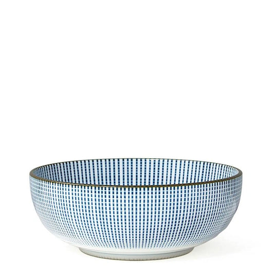 A ceramic bowl with a blue and white checkered grid pattern and a thin dark rim, photographed against a solid white background.