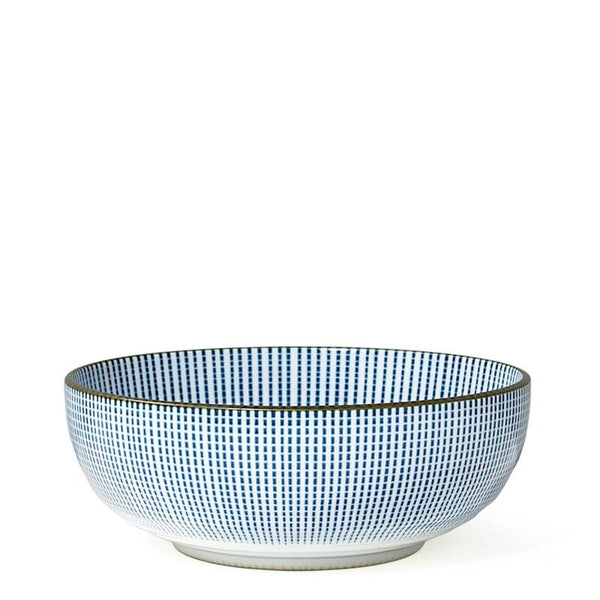 A ceramic bowl with a blue and white checkered grid pattern and a thin dark rim, photographed against a solid white background.