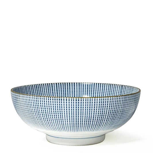 Ceramic bowl with blue and white checkered pattern on a white background