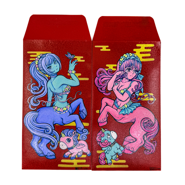 Two red envelopes with colorful illustrations of centaur characters on a white background.