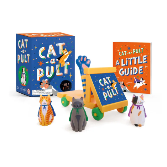 Cat-a-Pult toy set with packaging, catapult, and cat figures on a white background