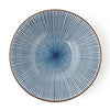 A round ceramic plate with a blue and white radial striped pattern and a brown rim, shown from a top-down view on a white background.