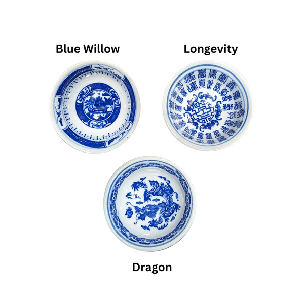 Blue on White Round Sauce Dish - Assorted Styles. Blue Willow, Longevity, and Dragon