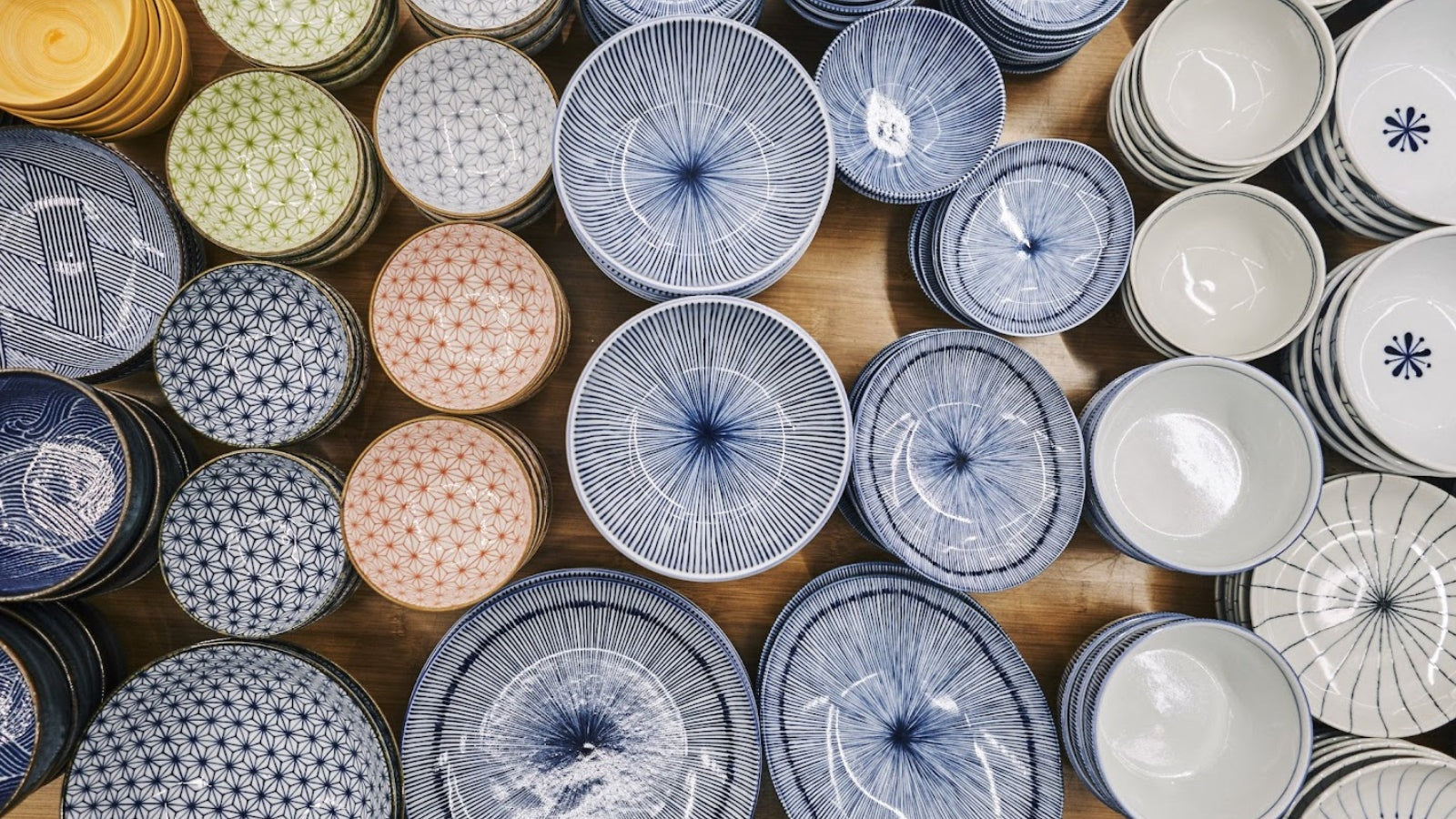 Array of multicolor ceramic bowls